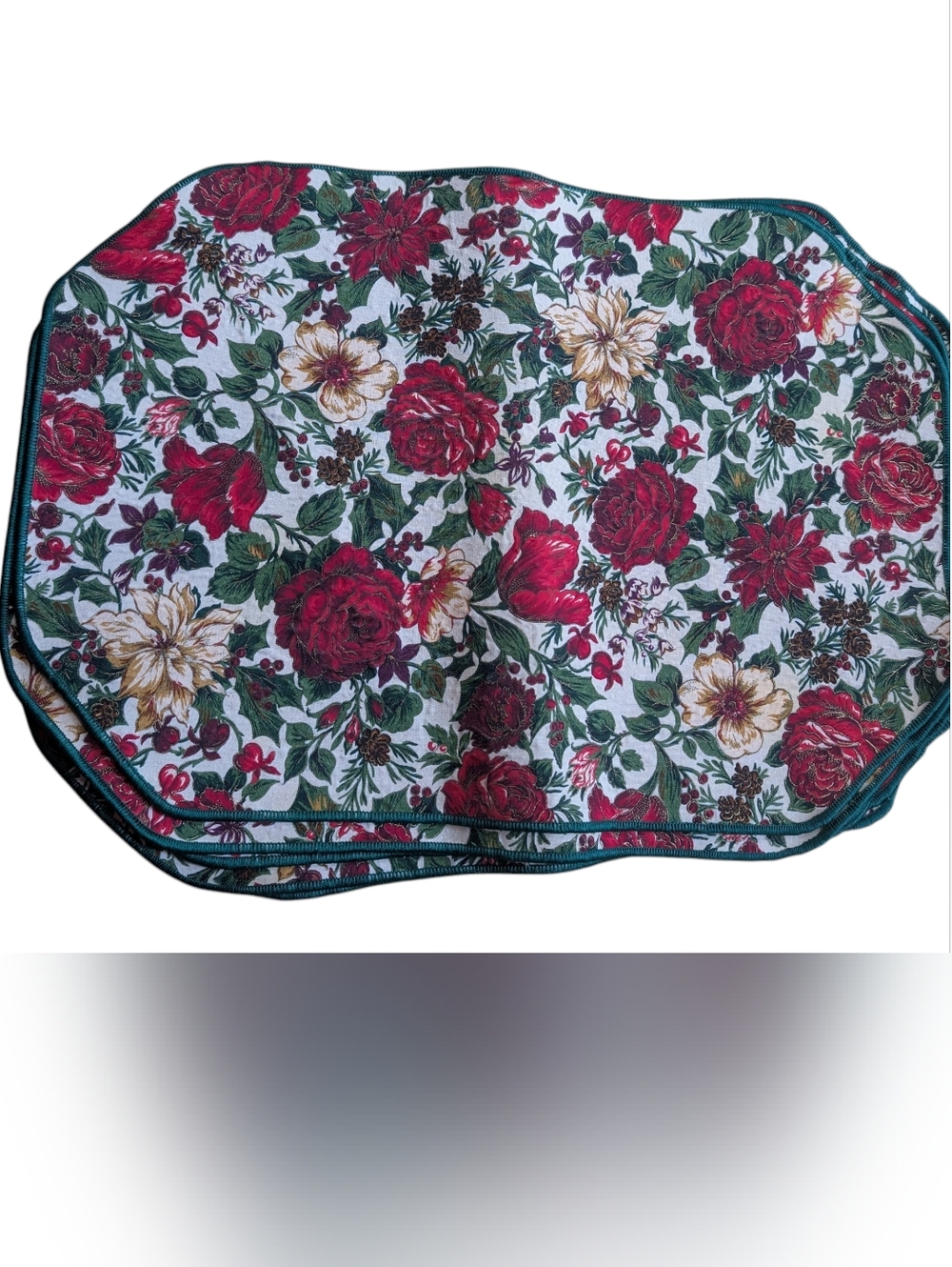 8 Vintages Floral Holiday Table Placemats - Red & Green Set